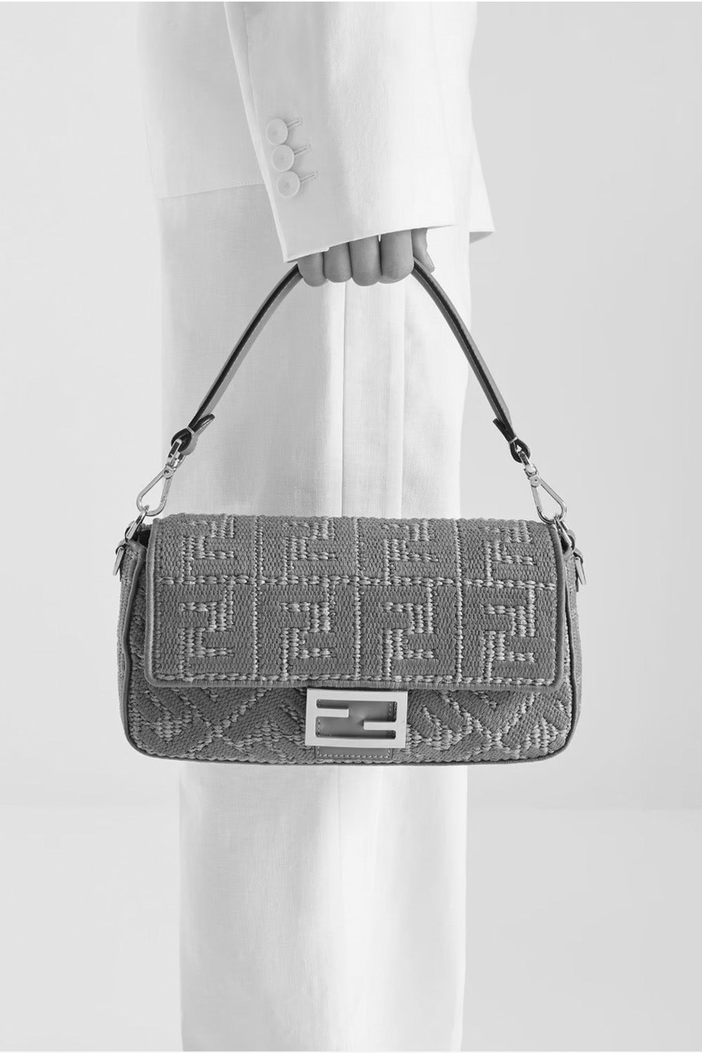 Baguette® Blue Woven Raffia-Effect Material Bag With FF Embroidery