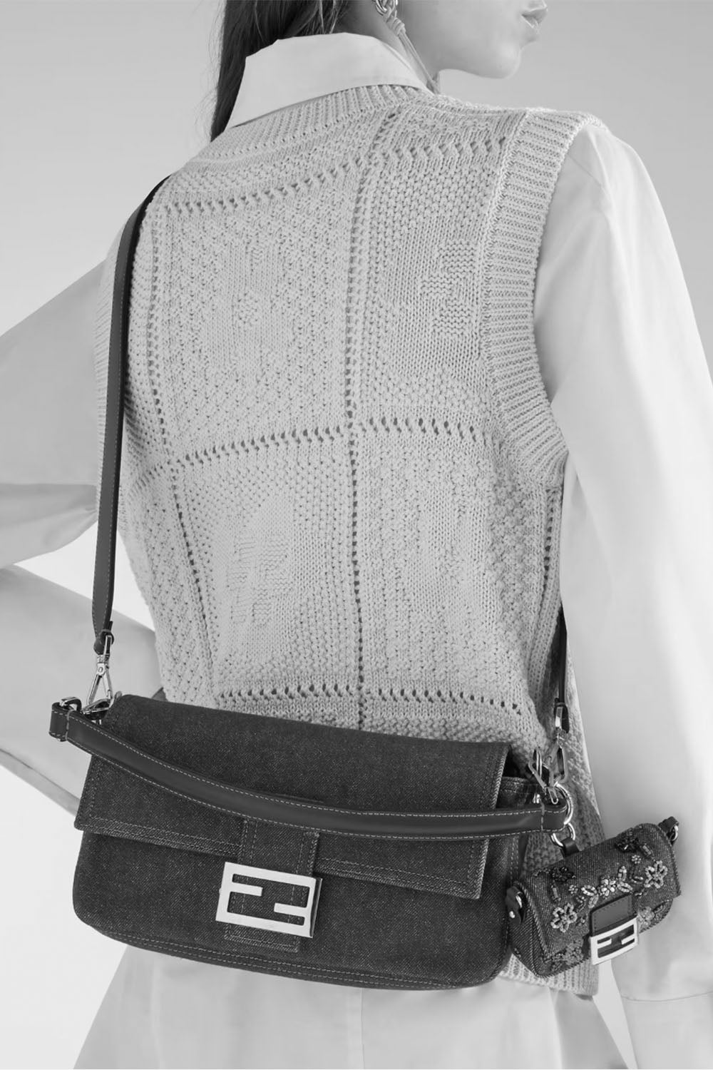 Baguette Dark Blue Denim And Blue Denim-Effect FF Jacquard Bag