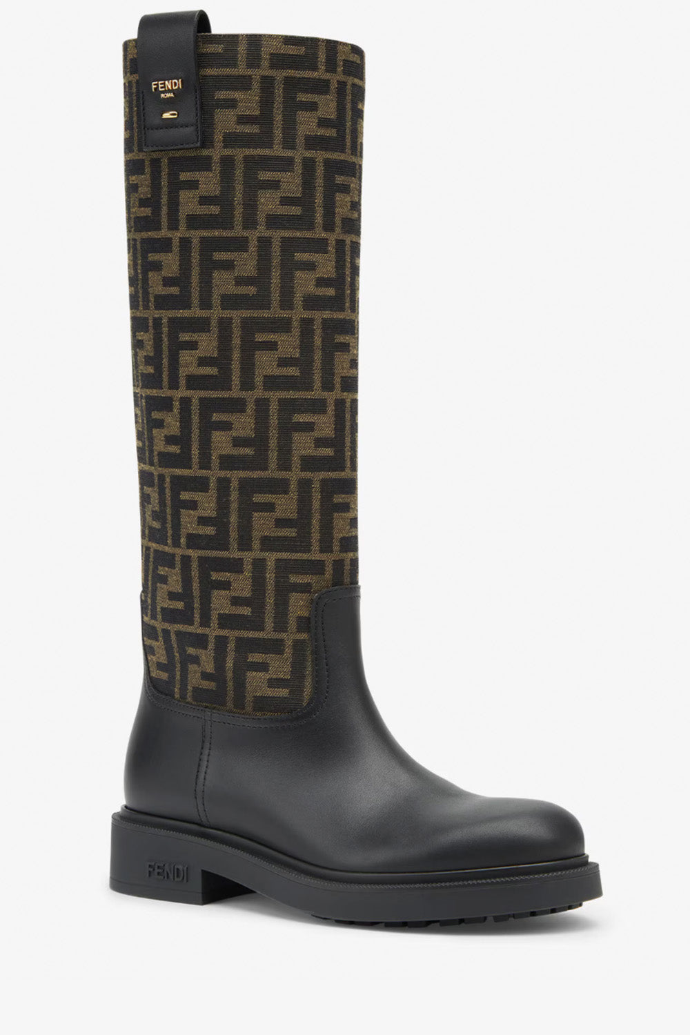 Fendi Filo Black Leather And Brown FF Fabric Boots