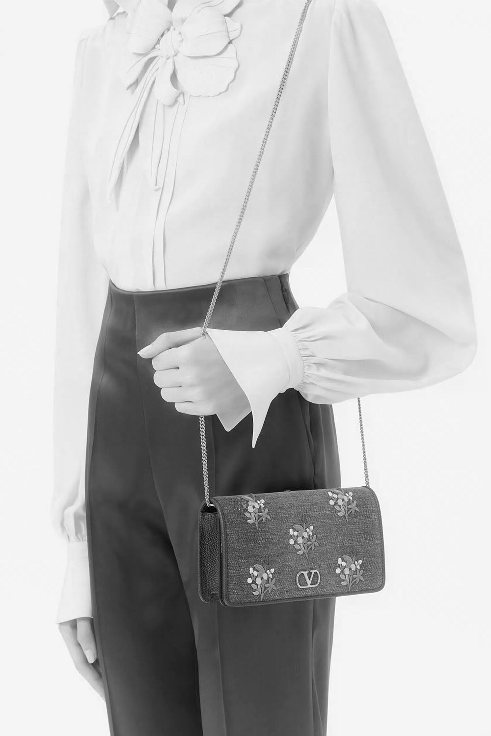 VLogo Signature Mini Shoulder Bag In Denim With Floral Embroidery