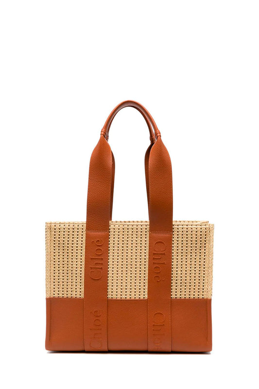 Woody Medium Raffia Leather Tote