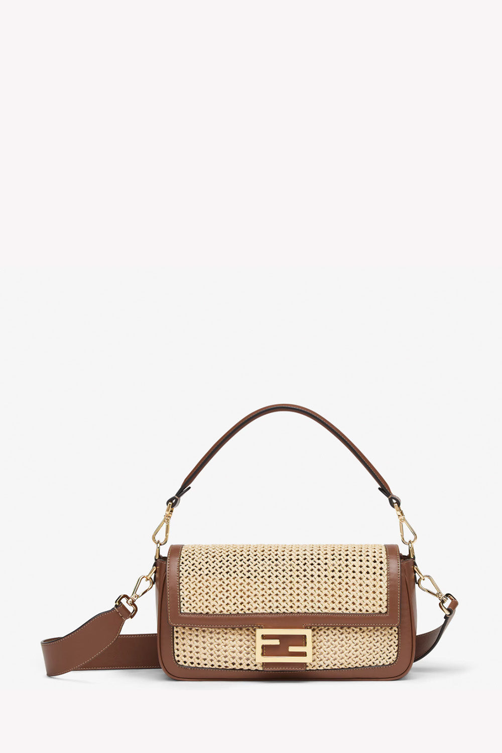 Baguette Brown Leather And Macramé Raffia Bag