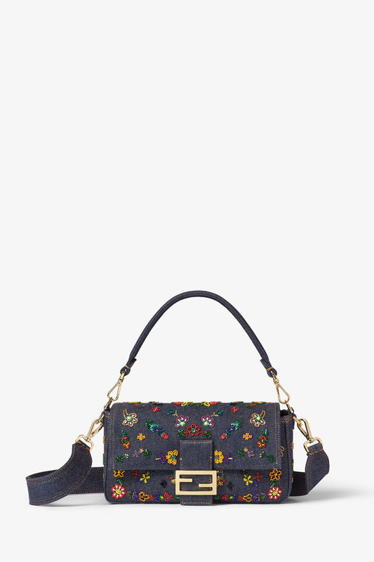 Baguette® Dark Blue Denim Bag With Floral Embroidery