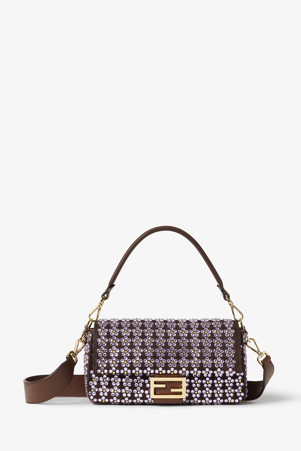 Baguette Mahogany Brown Leather Blooming Crystals Bag