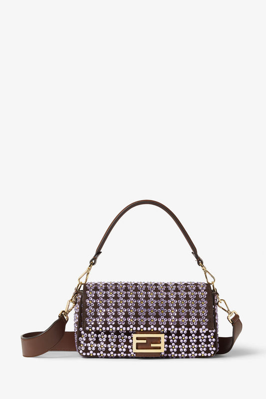 Baguette Mahogany Brown Leather Blooming Crystals Bag