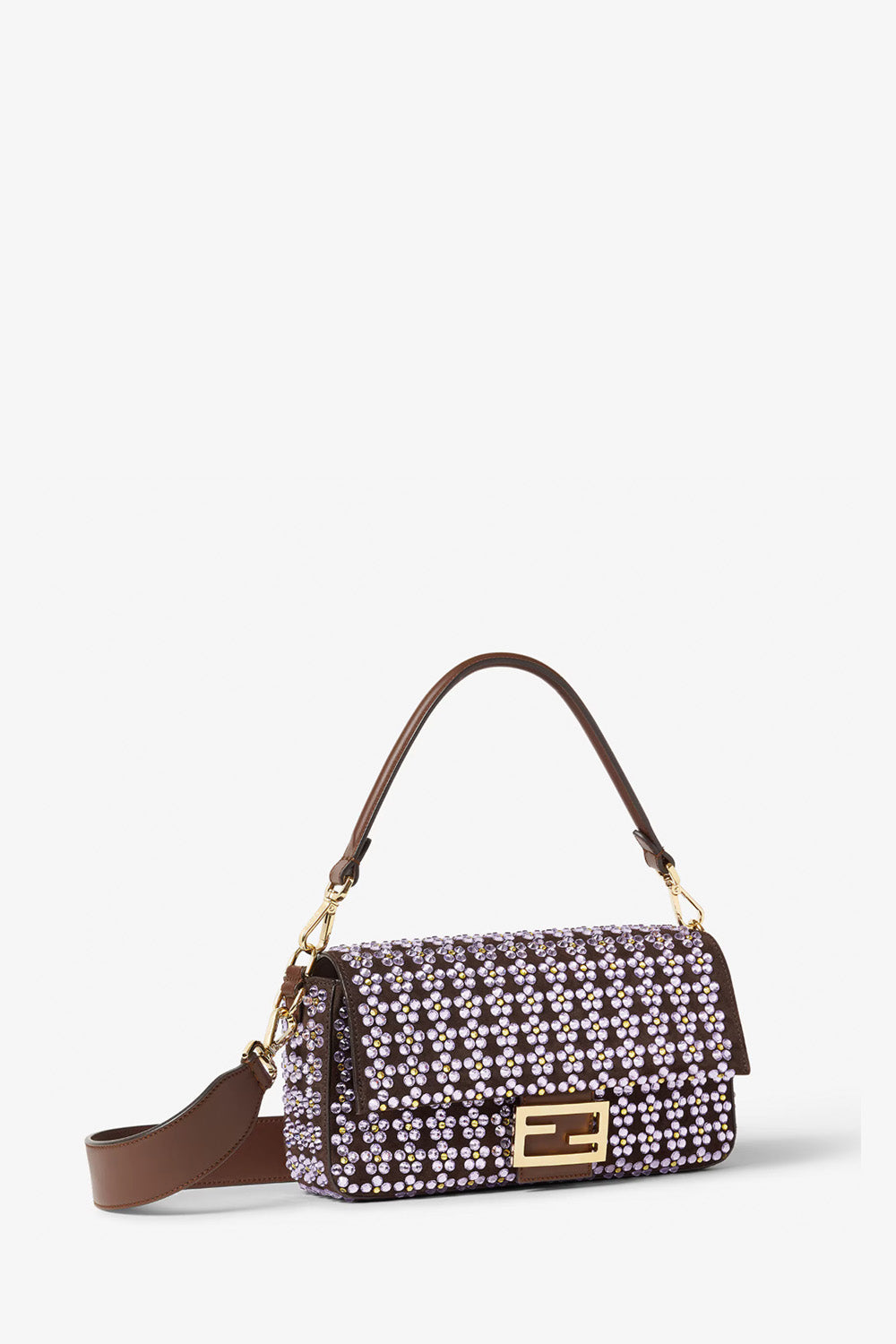 Baguette Mahogany Brown Leather Blooming Crystals Bag