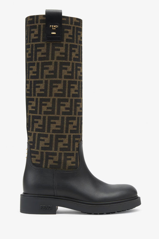 Fendi Filo Black Leather And Brown FF Fabric Boots