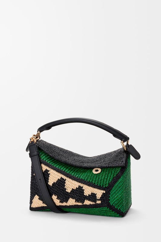 Small Puzzle Edge Bag In Raffia And Calfskin