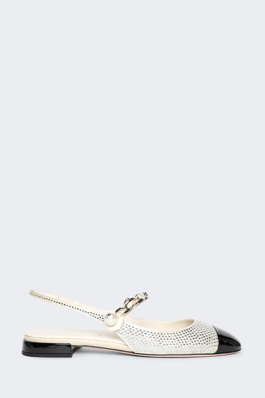 Slingback Ballerinas With Crystals Avorio And Nero