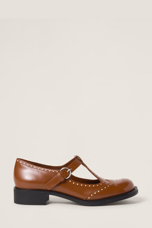 Brushed Leather T-strap Brogue Shoes