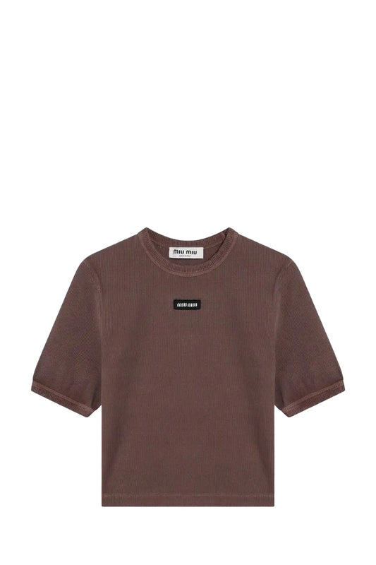 Miu Miu Brown Ribbed Cropped T-Shirt