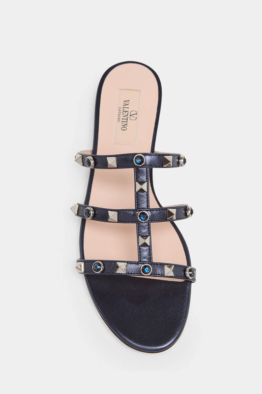 5mm Rockstud Metallic Leather Flat Slide Sandals