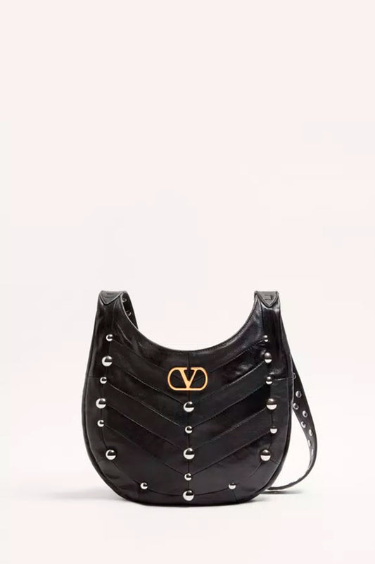 Hoboho Small Nappa Leather Hobo Bag With Chevron Pattern And Studs
