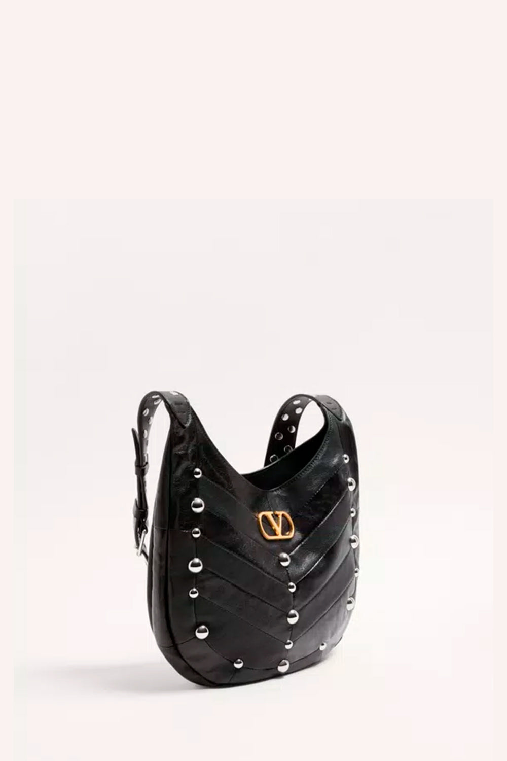 Hoboho Small Nappa Leather Hobo Bag With Chevron Pattern And Studs