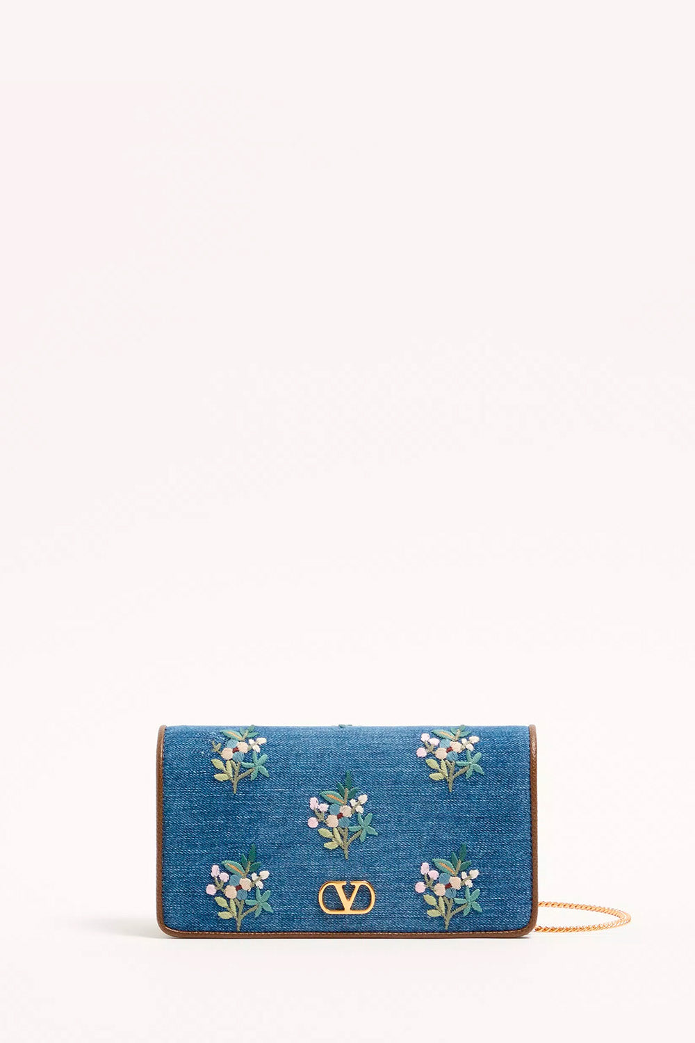 VLogo Signature Mini Shoulder Bag In Denim With Floral Embroidery