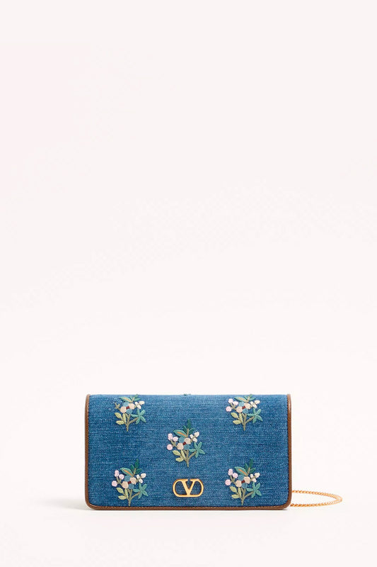 VLogo Signature Mini Shoulder Bag In Denim With Floral Embroidery