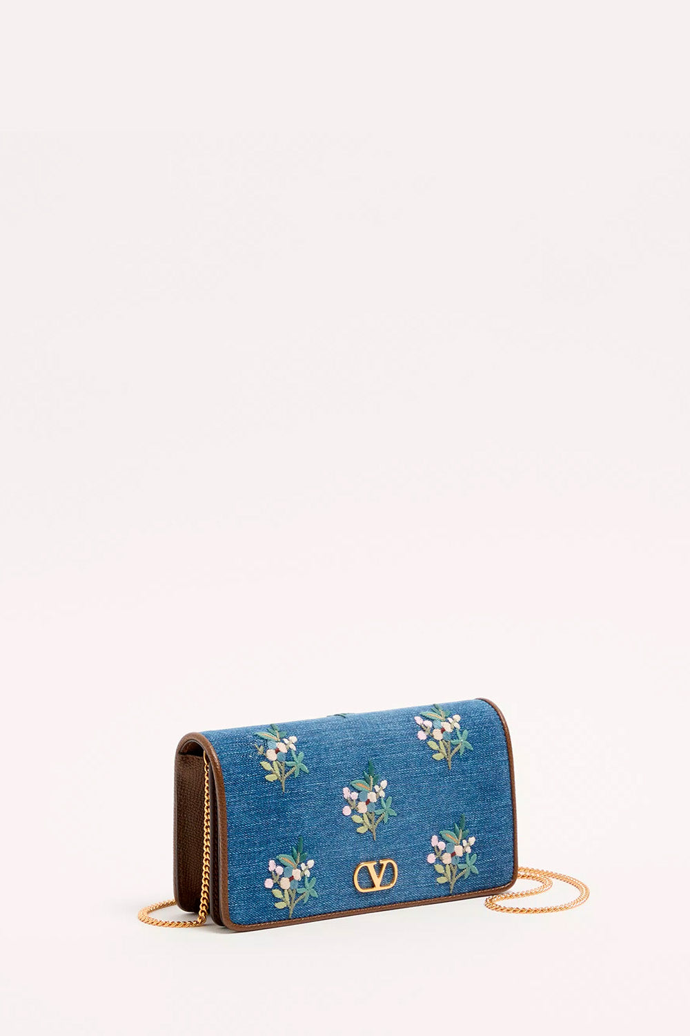 VLogo Signature Mini Shoulder Bag In Denim With Floral Embroidery